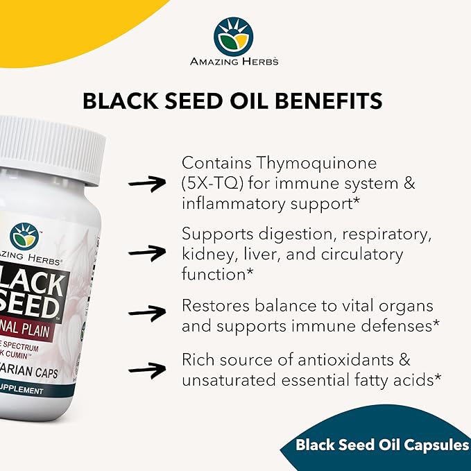 Amazing Herbs Whole Spectrum Black Seed Original Plain, Vegetarian Capsules - Gluten Free, Non GMO, Cold Pressed Nigella Sativa Aids in Digestive Health - 100 Count, 475mg