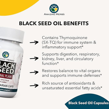 Amazing Herbs Whole Spectrum Black Seed Original Plain, Vegetarian Capsules - Gluten Free, Non GMO, Cold Pressed Nigella Sativa Aids in Digestive Health - 100 Count, 475mg