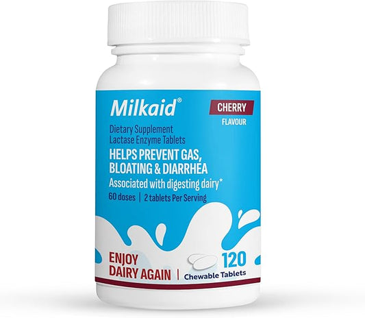Milkaid Lactase Enzyme Chewable Tablets for Lactose Intolerance Relief | Prevents Gas, Bloating & Diarrhea | Fast Acting Dairy Digestive Supplement (120 Tablets, Cherry)