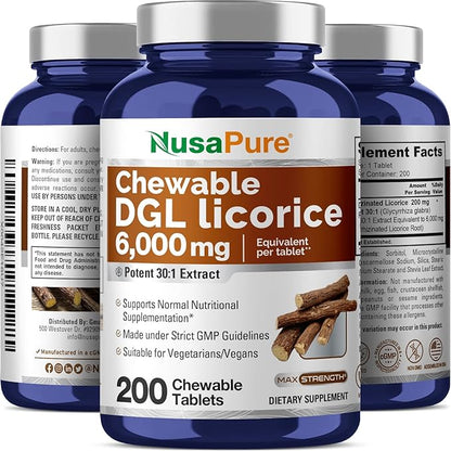 NusaPure DGL Deglycyrrhizinated Licorice 6,000 mg 200 Chewable Tabs, Vegan, Non-GMO Supplement