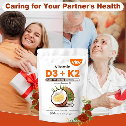 VEV Vitamin D3 Con K2 10000 IU, 300 Virgin Coconut Oil Softgels, 2 in 1 Vitamins Supplement D & K (Include MK7), Easy to Swallow, Supports Calcium Absorption, Bone Health(Packaging May Vary)