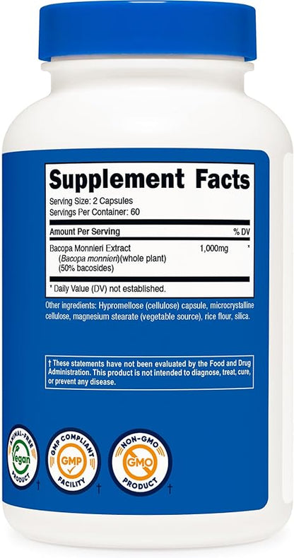 Nutricost Bacopa Monnieri 1,000mg, 120 Capsules (60 Servings) - Non-GMO, Gluten Free, and Vegetarian Friendly