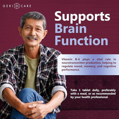 GeriCare Vitamin B-6 100mg, 100 Tablets – Daily Nutritional Support for Healthy Brain Function, Mood Enhancement, Circulatory Health & Metabolism – Helps Combat Fatigue & Promote Overall Wellness