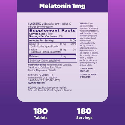 Natrol Melatonin 1 mg, Dietary Supplement for Restful Sleep, Sleep Tablets for Adults, 180 Melatonin Tablets, 180 Day Supply
