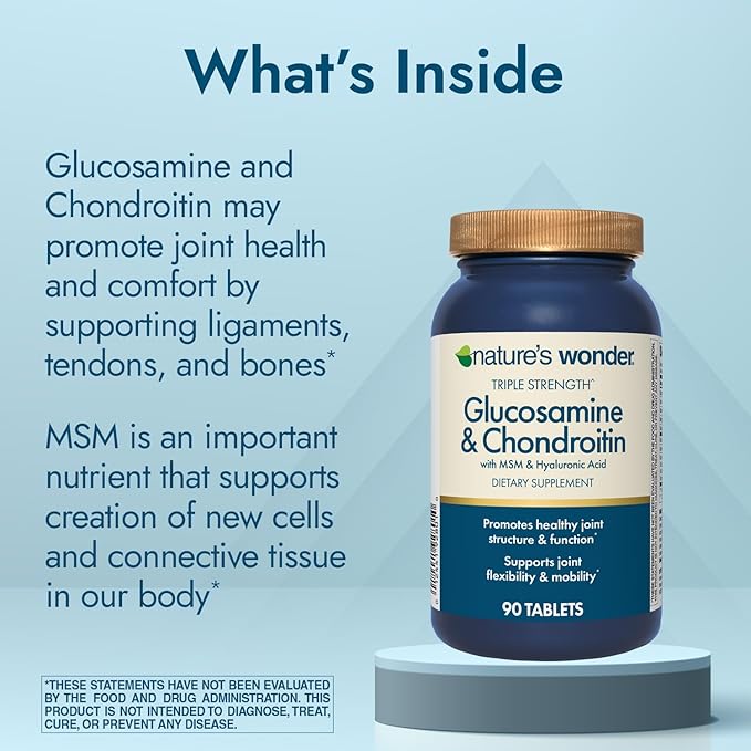 Nature's Wonder Triple Strength Glucosamine Chondroitin with MSM and Hyaluronic Acid and Boswellia for Joint Health, Supports Joint Flexibility and Mobility, 45 Day Supply, 90 Tablets
