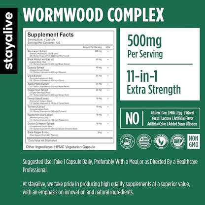 STAY ALIVE Wormwood Black Walnut Clove Cleanse Extract, 11-in-1 Extra Strength Complex, 120 Pills, Herbal Supplement for Adults, Vegan, Non-GMO & Gluten Free Sweet Wormwood Capsules