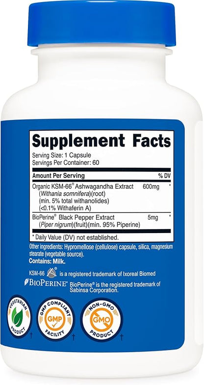 Nutricost KSM-66 Ashwagandha Root Extract 600mg, 60 Veggie Caps - 5% Withanolides - with BioPerine - Full-Spectrum Root Extract