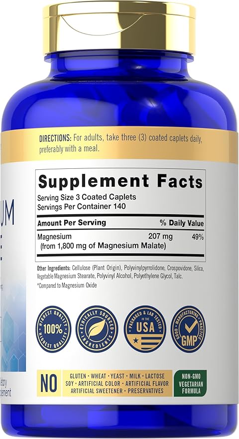 Carlyle Magnesium Malate 1800mg | 420 Coated Caplets | Vegetarian, Non-GMO, Gluten Free Supplement