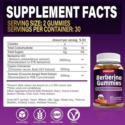 Berberine Gummies with Ceylon Cinnamon， 2000mg Berberine HCI Supplement for Men & Women, Orange Flavored Vegan Sugar Free Gummies (60 Count)(Pack of 1)