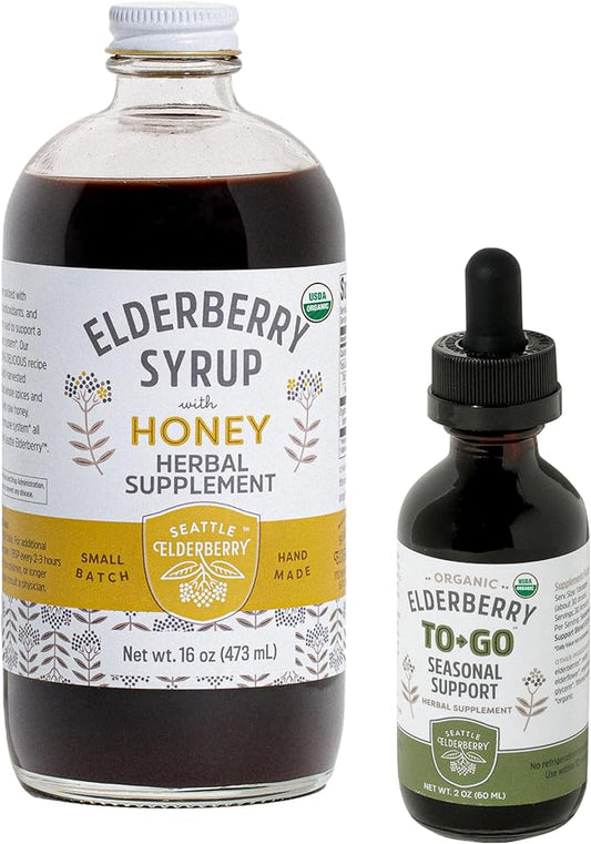 Herbal Supplement Starter Set – A 16oz Bottle of Elderberry Syrup with Honey & a 2oz Bottle of Elderberry to-Go Seasonal Support Made from Only Organic Ingredients in The USA