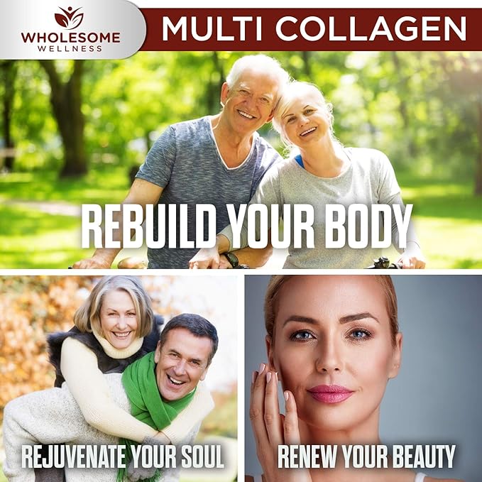 Wholesome Wellness Super-Absorb Multi Collagen Pills (Type I II III V X) Organic Herbs & Bioperine - Hair, Skin, Nails, Joints - Hydrolyzed Peptides Protein Supplement for Women & Men (90 Capsules)