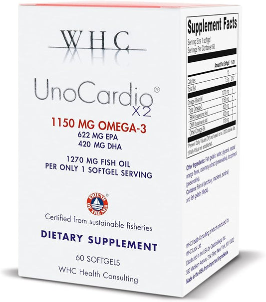 WHC, UnoCardio X2 Fish Oil, Triglyceride Omega-3 Fatty acids, 1270 mg Fish Oil Supplement (622 mg EPA / 420 mg DHA/Total 1150 mg of Omega-3 per Serving), Natural Orange, 60 softgels