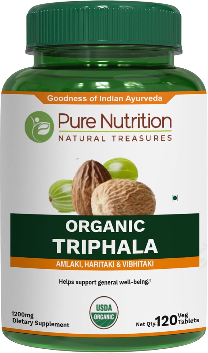 Pure Nutrition Organic Triphala Tablet - 1200mg | 120 Count | USDA Organic | Powerful Blend of Amlaki + Haritaki + Bibhitaki to Support Healthy Digestion | Non-GMO | Gluten-Free