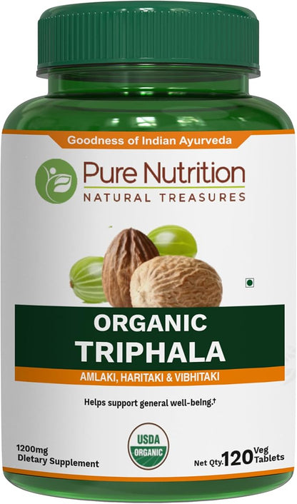 Pure Nutrition Organic Triphala Tablet - 1200mg | 120 Count | USDA Organic | Powerful Blend of Amlaki + Haritaki + Bibhitaki to Support Healthy Digestion | Non-GMO | Gluten-Free