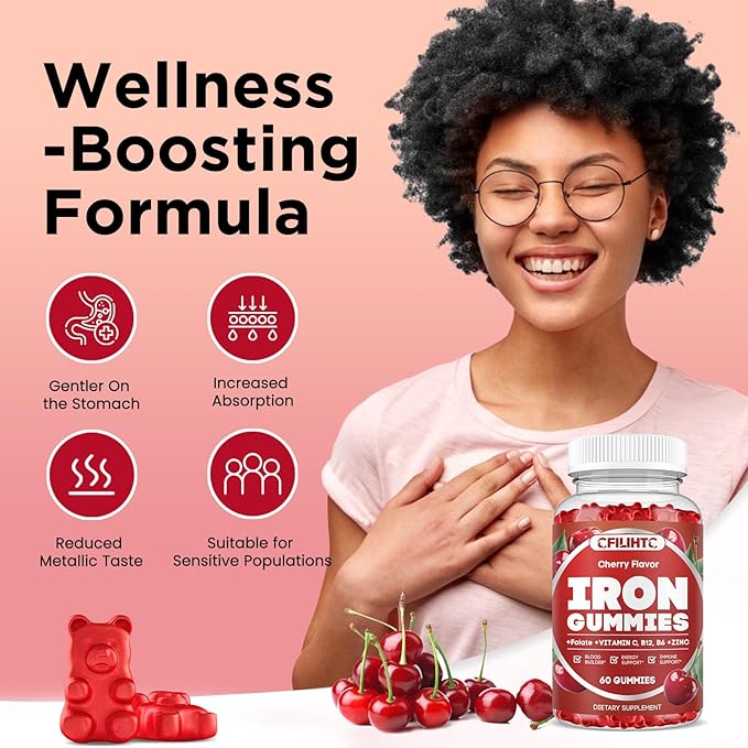 Iron Supplement for Women & Men - Iron Gummies with Vitamin B6, B12, C, Zinc, Folate for Adults & Kids - Support Iron Deficiency, Anemia, Energy Boost, Blood Builder - Sugar Free Vegan 60ct Cherry