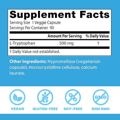 Doctor's Best L-Tryptophan , Helps Sleep, Healthy Mood & Behavior, Non-GMO, Vegan, Gluten & Soy Free, Veggie Caps, Promotes Normal, Healthy Restful Sleep, 90 Count