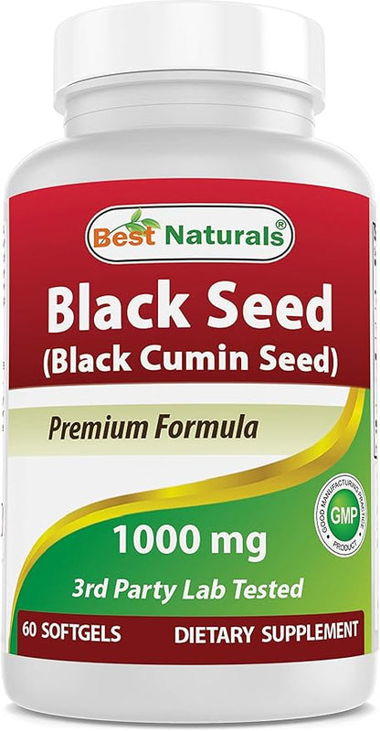 Best Naturals 2 Packs Black Seed Oil Capsules 1000 mg (Non-GMO) Nigella Sativa - 100% Cold Pressed Black Cumin Seed Oil Pills Contains Thymoquinonoe 60 Count (Total 120 Softgels)