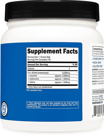 Nutricost BCAA Powder 2:1:1 (90 Servings, No Flavor Added) - Branched Chain Amino Acids