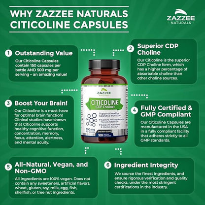 Zazzee Extra Strength Citicoline, 500 mg per Serving, 100 Vegan Capsules, Superior CDP Choline Form, 100% Vegetarian and Pharmaceutical Grade, 50-Day Supply, All-Natural and Non-GMO