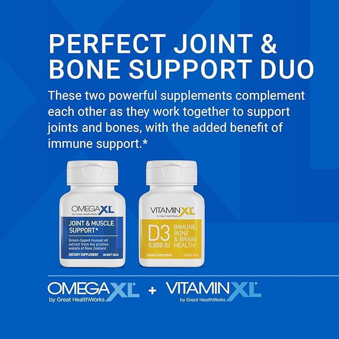 OmegaXL Joint Support Supplement - 60 Softgels & VitaminXL D3 High Potency Daily Vitamin D 5000 IU 125mcg Immune Support Supplement (30 Softgels) - 2 Pack