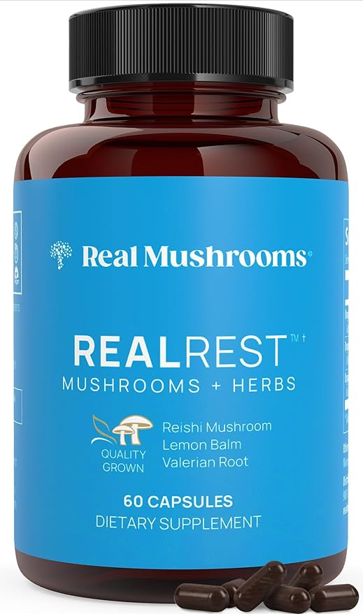 Real Mushrooms RealRest 60ct Reishi Mushroom Capsules for Relaxation - Organic with Lemon Balm Herb Sleep Support Supplement Complex Rest Immune