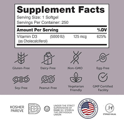 Zahler - Advanced Vitamin D3 5000 IU Softgels (250 Count) Kosher Vegetarian Friendly Vitamin D for Immune Support, Bone, Teeth & Muscle Health - Daily D3 Vitamin Supplement for Adults - Easy Swallow V