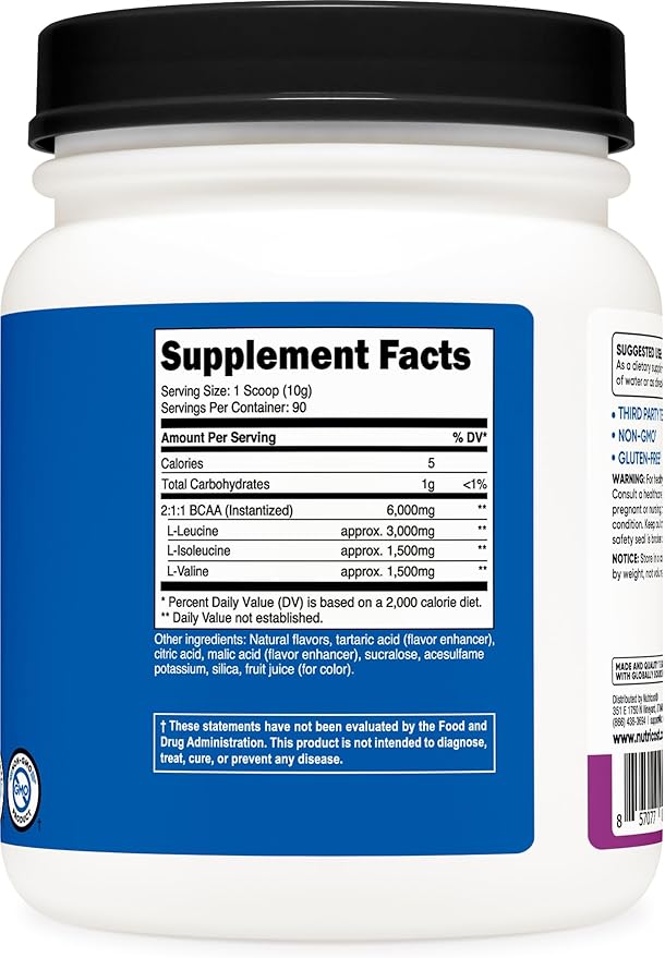 Nutricost BCAA Powder (Grape, 90 Servings) - Optimal 2:1:1 Ratio, Vegetarian, Non-GMO
