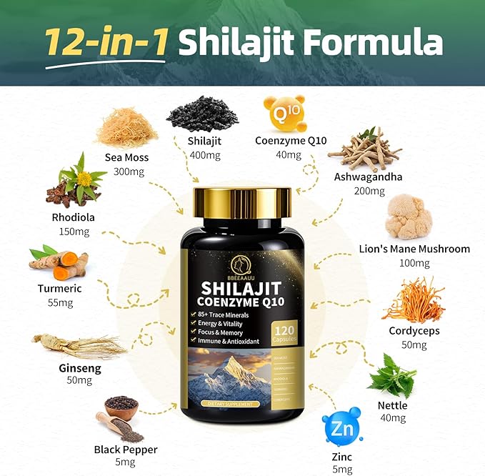 Shilajit for Men and Women, Sea Moss and Shilajit Bundle Pill, All in 1 Supplements with Coenzyme Q10, Black Seed, Ashwagandha, Taurine, Burdock for Energy, Antioxidant & Immune Support, 240 Capsule