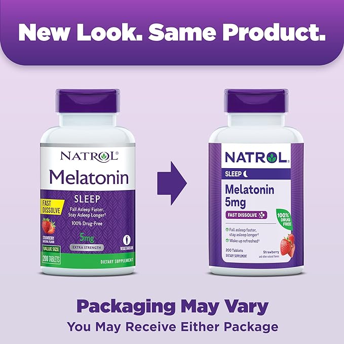 Natrol Melatonin 5mg Fast Dissolve Tablets, Sleep Support Supplements for Adults, Strawberry Flavor, 200 Tablets, Up to 200 Day Supply
