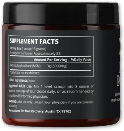 MSM Powder - 100% Organic Sulfur Crystals for Joint Support, Muscle Recovery, Skin Health, Nail & Hair Growth - Lab Tested - 83 Servings (250g)