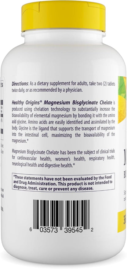 Healthy Origins Magnesium Bisglycinate Chelate (Albion Minerals, Non-GMO, Gluten Free, Cardiovascular Support, Bone Support, Neurological Support, Vegan), 360 Tablets