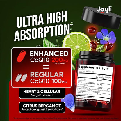 High Absorption CoQ10 200MG - Co Q10, 200mg Softgels for Heart Health & Energy Production - Enhanced Co Q 10 Supplement with Antioxidants and Flaxseed Oil - CoQ10 200 mg Per Serving