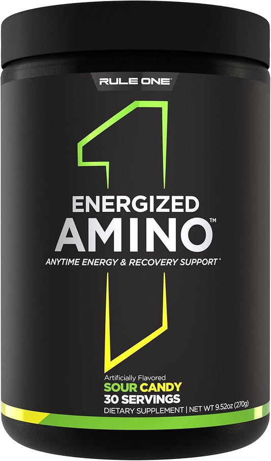 Rule 1 Energized Amino – Anytime Energy and Recovery Support with BCAAs, Glutamine, Citrulline, Beta Alanine, and Caffeine from Green Coffee & Tea Leaf Extracts (30 Servings, Sour Candy)