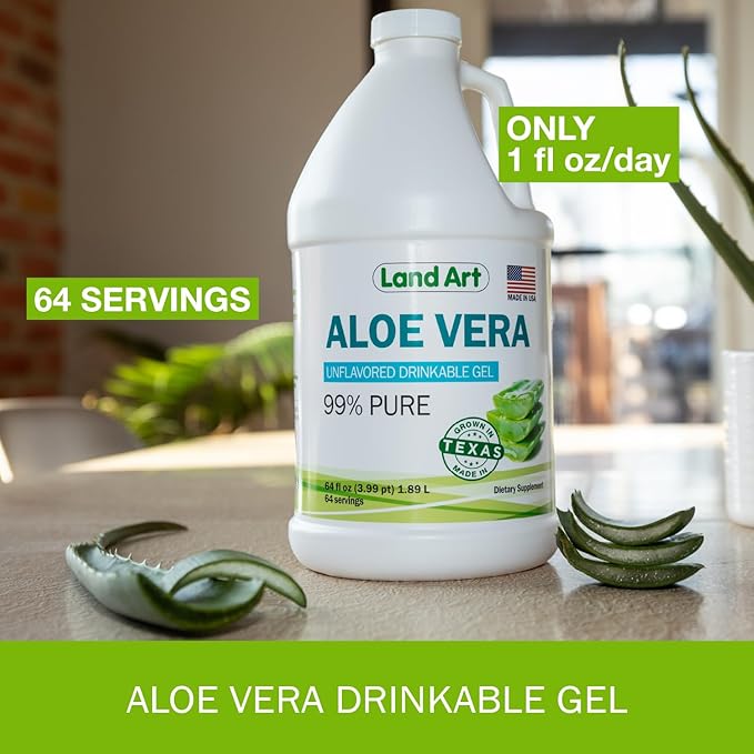 Land Art Pure Aloe Vera Drinkable Gel Unflavored - Cold-Processed Inner Filet - from Organic Fresh Leaves from Texas - for Heartburn Relief - Acid Reflux - 64 fl oz