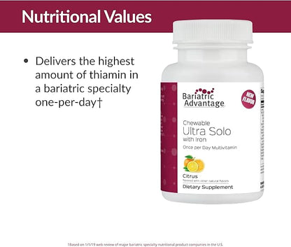 Bariatric Advantage Chewable Ultra Solo with Iron Daily Multivitamin for Gastric Bypass Surgery and Sleeve Gastrectomy Patients, Includes Vitamin B12, C, D, K, Thiamin and Copper - Citrus, 30 Count
