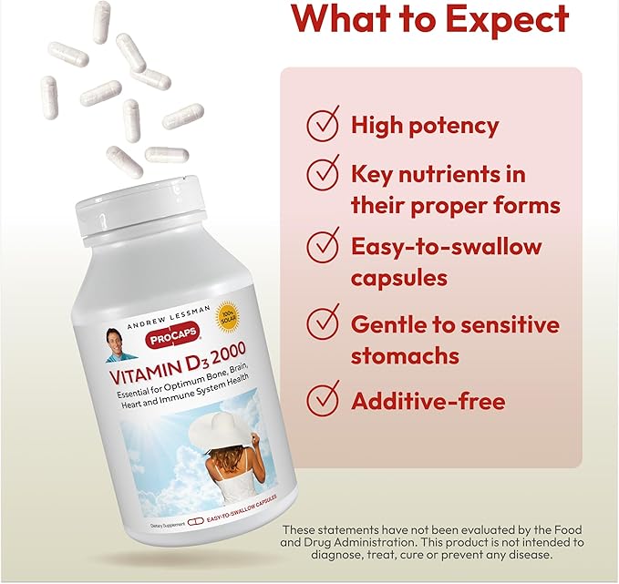 ANDREW LESSMAN Vitamin D3 2000 IU 720 Capsules - High Potency, Essential for Calcium Absorption, Supports Bone Health, Healthy Muscle Function, Immune System, More. Small Easy to Swallow Capsules