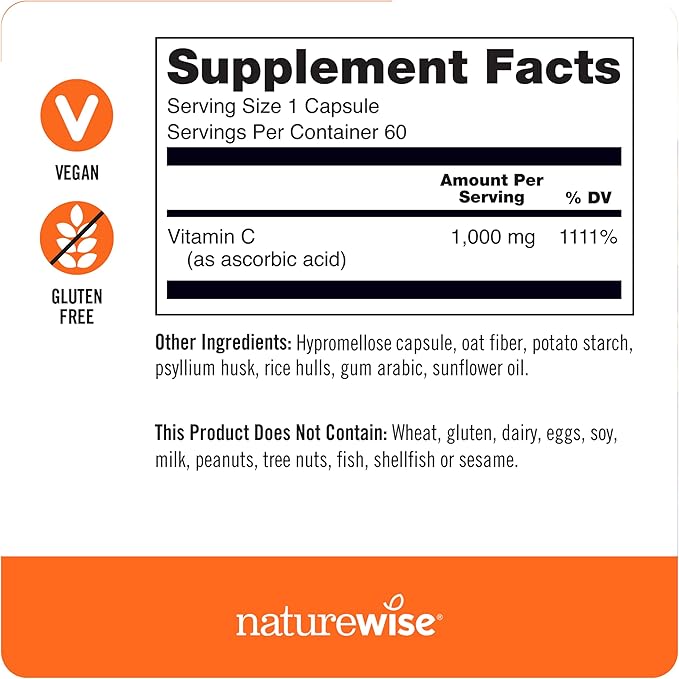 NatureWise Vitamin C 1000mg Capsules - Extra Strength Dietary Supplement for Daily Immune Support & Collagen Synthesis - Vegan, Non-GMO, Gluten Free - 60 Count[2-Month Supply]