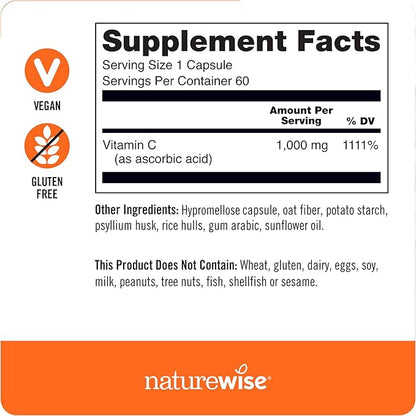 NatureWise Vitamin C 1000mg Capsules - Extra Strength Dietary Supplement for Daily Immune Support & Collagen Synthesis - Vegan, Non-GMO, Gluten Free - 60 Count[2-Month Supply]