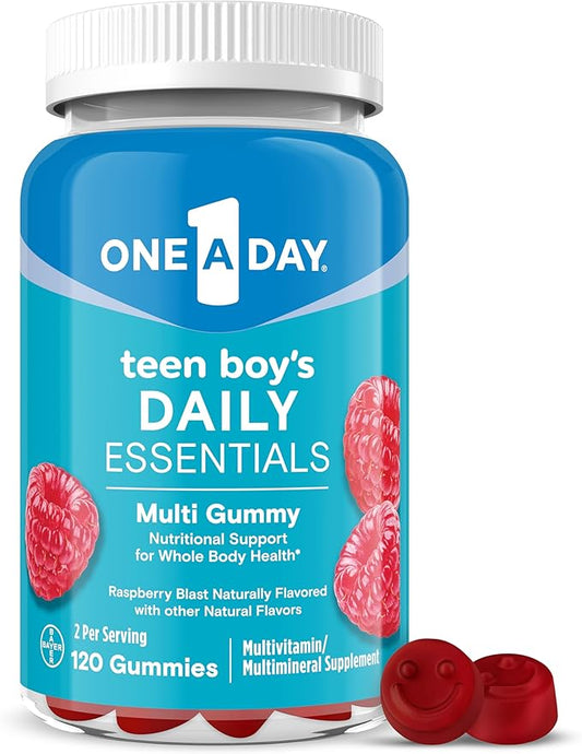 One A Day Teen Boy’s Daily Essentials Multivitamin Gummies, Teen Boy Vitamins with Vitamin C, Vitamin D, Bone Health, Immune Health, Raspberry Natural Flavor, 120 Gummies