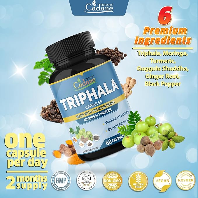 Organic Cadane Triphala Extract Capsules - 6 Premium Ingredients Complex with Turmeric, Moringa, Guggul, Ginger, and Black Pepper - 60 Caps for 2 Months Supply