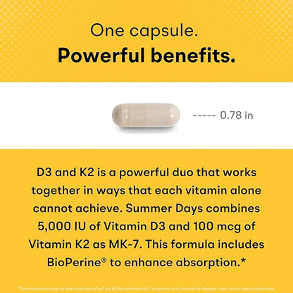 Vitamin D3 K2 - Max Absorption, 5000 IU Vitamin D3 + K2 MK7 100 mcg with BioPerine Black Pepper Extract - Immune, Bone & Heart Health Supplement - Non-GMO - 90 Capsules