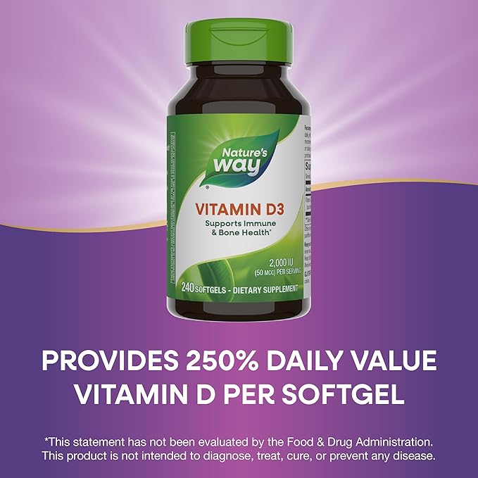 Nature's Way Vitamin D3 Extra Strength, Supports Bone Health and Immune Function*, 2000 IU (50 mcg per Serving), 240 Softgels (Packaging May Vary)