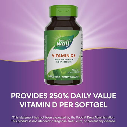 Nature's Way Vitamin D3 Extra Strength, Supports Bone Health and Immune Function*, 2000 IU (50 mcg per Serving), 240 Softgels (Packaging May Vary)