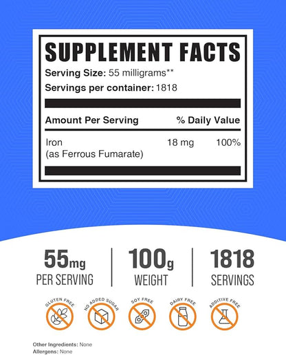 BulkSupplements.com Ferrous Fumarate Powder - Essential Mineral, Iron Supplements, Iron 18mg - Gluten Free, 55mg per Serving, 100g (3.5 oz) (Pack of 1)