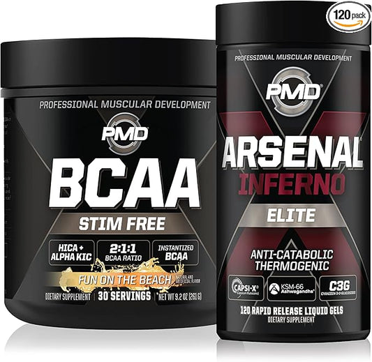 PMD Sports Arsenal X Inferno Superior Fast-Acting Liquid Gel Thermogenic Fat Burner (120 Liquid Gels) Sports BCAA for Recovery and Performance- Fun on The Beach (30 Servings)