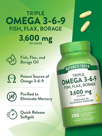 Nature's Truth Triple Omega 3 6 9 | 3600mg | 200 Softgels | Fish, Flax, and Borage Oils | Non-GMO & Gluten Free Supplement
