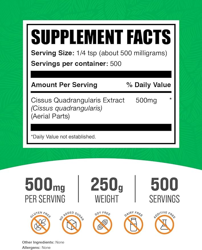 BulkSupplements.com Cissus Quadrangularis Extract Powder - Cissus Quadrangularis Supplement, Cissus Powder - Herbal Supplement, Gluten Free, 500mg per Serving, 250g (8.8 oz) (Pack of 1)