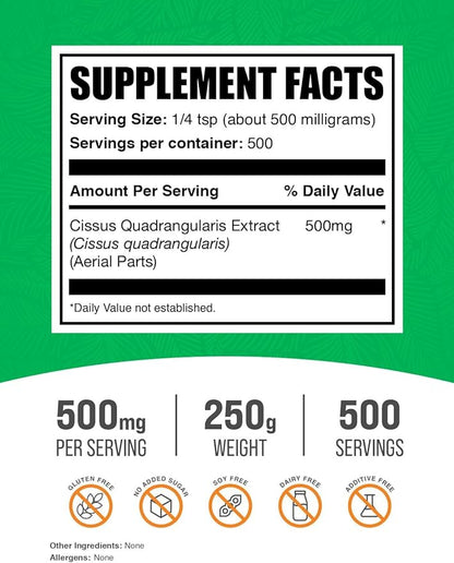 BulkSupplements.com Cissus Quadrangularis Extract Powder - Cissus Quadrangularis Supplement, Cissus Powder - Herbal Supplement, Gluten Free, 500mg per Serving, 250g (8.8 oz) (Pack of 1)