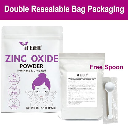 Zinc Oxide Powder | 500g(1.1 lb) 100% Pure Non Nano Uncoted Zinc Oxide Powder for Skin Protection | Cosmetics Grade Ideal for DIY Sunscreen, Lotion, Deodorant, and Skincare