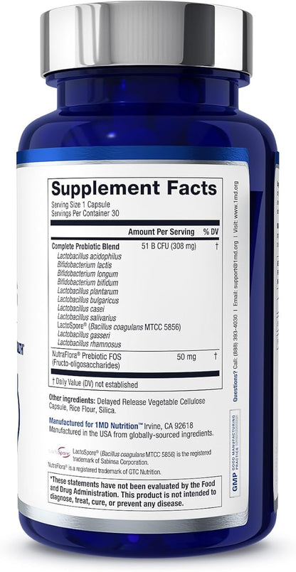 1MD Complete Probiotics Platinum | Supports Digestive Health | with Nourishing Prebiotics, 51 Billion Live CFU, 11 Strains, Dairy-Free | 30 Vegetable Capsules (3-Pack)
